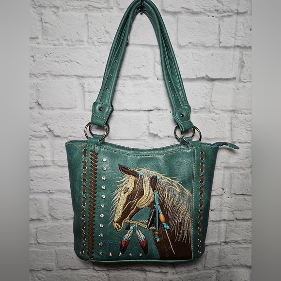 No brand Handbags - EUC Teal Embroidered Horse Design Vegan Leather Women's Bag